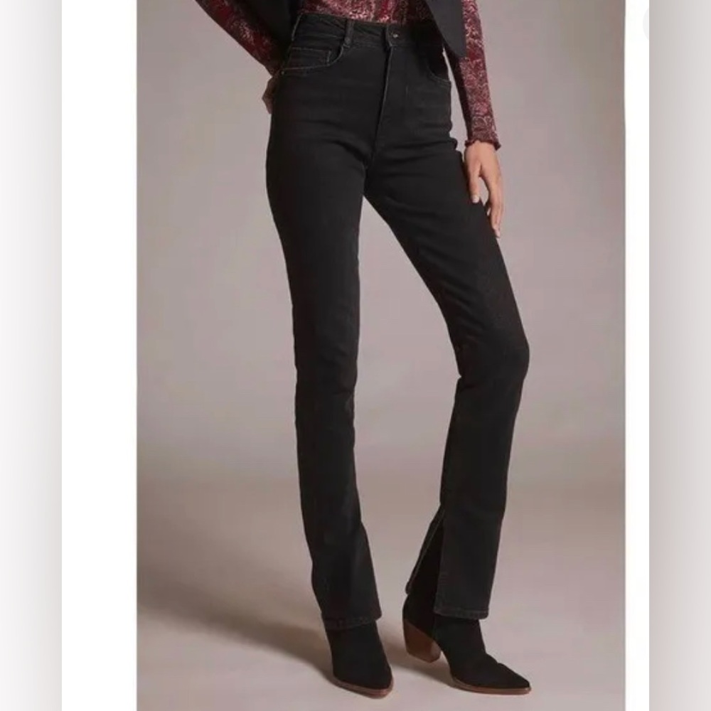 Anthropologie Black Straight Leg High Waisted Split Hem Jeans